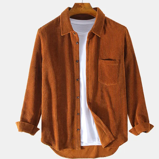 Oem custom logo print turn down collar brown long sleeve fashion loose mens corduroy solid color shirt