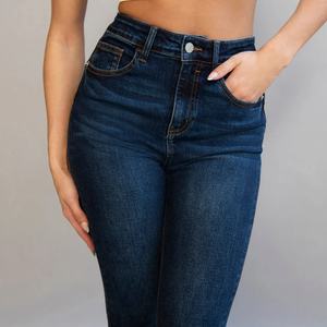 Jeans Ajustados de Mezclilla Elástica Azul Oscuro con Lavado Ácido OEM para Mujer, Jeans de Cintura Alta Estilo Boyfriend - Product Image 4