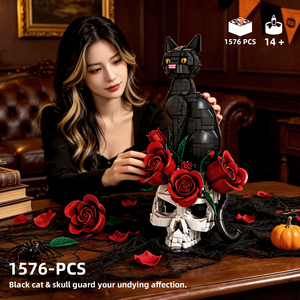 Gothic Skull <strong>Cat</strong> Building Blocks Black <strong>Cat</strong> with Red Rose Skull DIY Model Set Halloween Home Decor Unique Gift for Adults Teens - Product Image 3