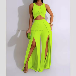 Conjunto de 2 Piezas para Mujer, Chaleco Casual sin Mangas y Pantalones Anchos con Abertura Lateral, a la Moda - Product Image 5