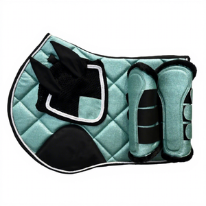 Professional Equestrian Horse Tack Set Featuring Padded Saddle Pad, Fly Ear Bonnet and Leg Protection Brushing Boots - Product Image 1