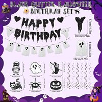 Spanduk Ulang Tahun Halloween Glitter Hitam Hiasan Hantu Putih Dekorasi Pesta Ulang Tahun Halloween untuk Dekorasi Ulang Tahun yang Menyeramkan