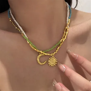 Geili Dainty Y2k Beaded Moon And Star Charm Necklace Statement Boho Layered Necklaces For Girls Summer