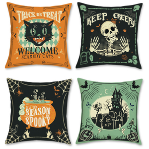 Housse de coussin vintage pour Halloween, 4 pièces, motif chat farceur, crâne, chauve-souris, fantôme, château, type polyester lin, décoration de canapé pour intérieur et extérieur - Product Image 1