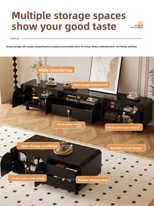 Ensemble de meubles de salon modernes de luxe léger, style rétro français noir, meuble <span class=keywords><strong>TV</strong></span> et table basse aux coins arrondis, pour petits appartements - Product Image 2
