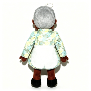 Marionnette à main personnalisée en peluche, grand-mère à peau foncée, avec cheveux gris et tablier. Robe florale pour grand-mère, marionnette ventrilgueuse - Product Image 4