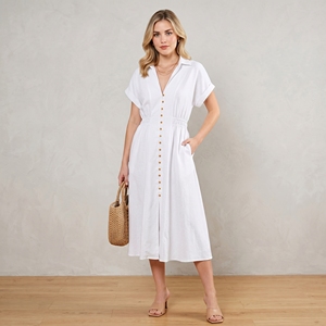 Vestido Camisero de Lino para Mujer, de Alta Calidad, Manga Corta, Largo Medio, Plisado, Cintura Elástica, Verano, Casual, Oficina - Product Image 2