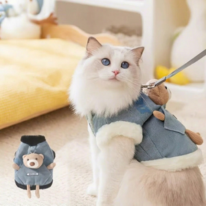 3D Bear Denim Vest for <b>Cats</b> and Small Dogs Thickened Warm with Leash Autumn Winter Pet <b>Clothes</b> Padded Animal Pattern White Black - Product Image 1