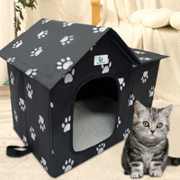 Groothandel Zwarte Oxford Stof Waterdichte Kattenhuis Binnen/Buiten Schuilplaats voor Zwerfkatten Verwijderbaar Kussen Pootpatroon