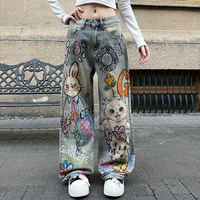 Pantalon large vintage effet vieilli coupe droite - Jean en denim imprimé chat, lapin et chien style streetwear américain