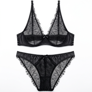 Ensemble de <span class=keywords><strong>lingerie</strong></span> féminine <span class=keywords><strong>sexy</strong></span> en dentelle florale, respirant, écologique, ultra-fin, avec soutien-gorge push-up sans armatures à bonnets couvrants et culotte bikini à décolleté plongeant en V - Product Image 6