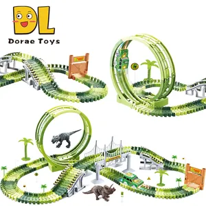 168PCS Dinosaur Race Track Toys Set With 2 Jurassic Dino Figures And Electric Car Educational Twisted Flexible Train Track