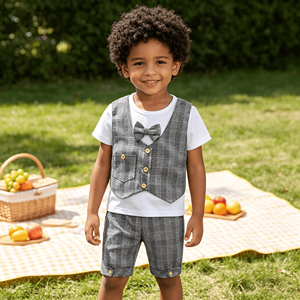 T-shirt <span class=keywords><strong>blanc</strong></span> à col rond et manches courtes pour bébé, gilet à col en V à carreaux gris à simple boutonnage avec nœud papillon, short décontracté à revers, costume formel de gentleman - Product Image 4