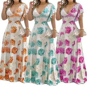 C230262 Lady Summer Dress V-neck Waisted Ruffle Sleeve A-line Large Swing Printed Maxi Dresses Women