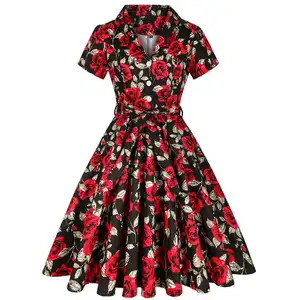 2022 Verão Nova Festa Mulheres Vestido Floral Manga Curta Plus Size 50s Vintage Boho Y2K Vestido Preto