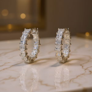 Luxury White Gold <b>Hoop</b> <b>Earrings</b> With Baguette Cut Diamonds Channel Setting For Women Everyday Wear <b>Fine</b> Jewelry - Product Image 2