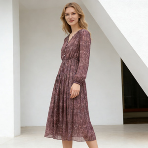 Elegante Abito Midi Floreale a Maniche Lunghe da Donna con Scollo a V con Volant e Vita Alta, Vestito Casual a Trapezio - Product Image 2