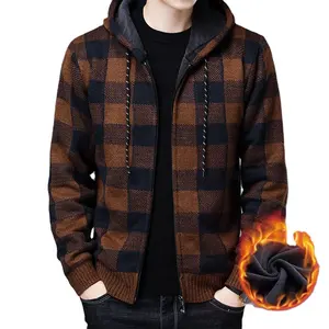 Plaid Hooded Cardigan Men Clothing Winter Knitted Cardigan Sweater Men Coats Fashion M-3XL 2022 Spring Clothing Casual Printed