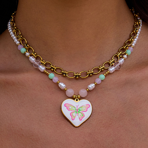 Collana J&D in acciaio inossidabile placcato oro 18 carati con ciondolo a farfalla smaltato, <span class=keywords><strong>cristallo</strong></span> e perla, romantica e graziosa. - Product Image 1