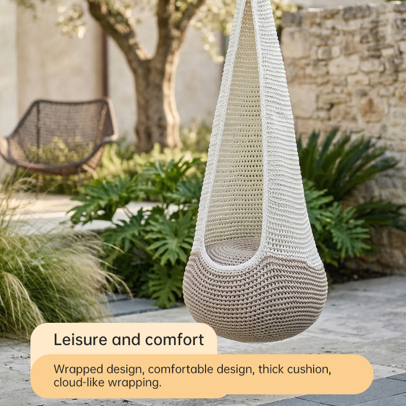 Ropecube Teardrop Hanging Swing Chair, Handwoven Polyester Rope, Indoor Outdoor Hammock Seat For Patio Balcony Garden Relax