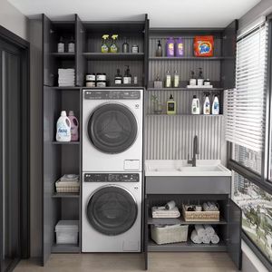 Armoire de rangement pour lave-<span class=keywords><strong>linge</strong></span> et sèche-<span class=keywords><strong>linge</strong></span> sur balcon, design personnalisé, ouverte, étanche, avec évier et éclairage LED - Product Image 2
