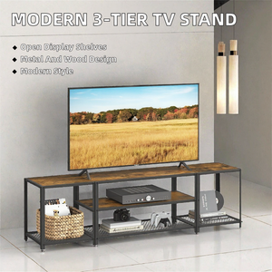 Meuble TV moderne en métal style ferme, centre de divertissement à 3 niveaux, console TV avec étagères de rangement ouvertes pour salon et chambre - Product Image 2