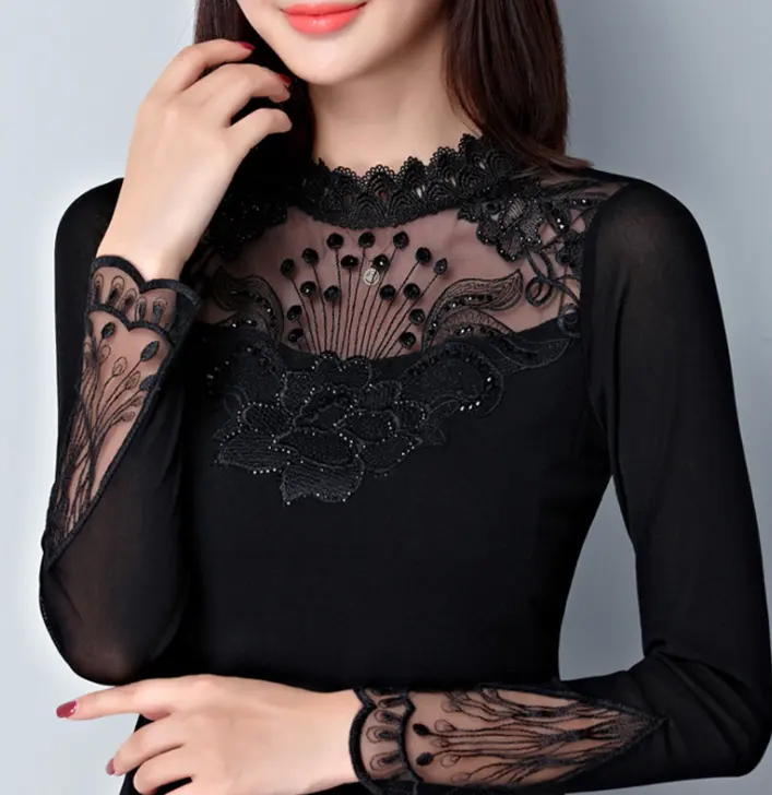cy10055a 2020 Women Spring Autumn Fashion Shirt Sexy Slim O-Neck red Lace Long Sleeve Tops Blouse