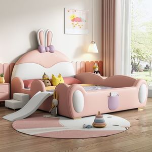 Kreatives Modernes Kinderbett mit Rutsche, Gepolstertes Hasenohren-Kinderbettgestell für Jungen und Mädchen, Kleinkind-Möbel mit Sicherheitsgeländer - Product Image 2