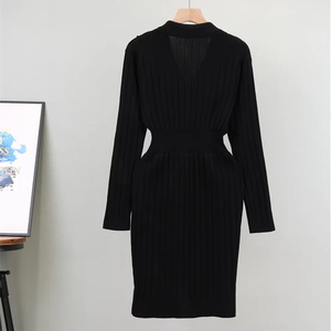 Abito Elegante da Donna a Linea A, Stile Francese, a Maniche Lunghe, in Maglia Traspirante, Tinta Unita, con Bottoni, Stile Semplice e Casual, per Autunno e Inverno - Product Image 4