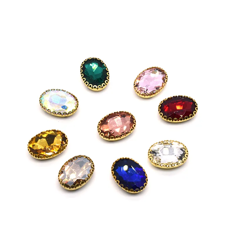 round shape colorful handmade rhinestone sew on rhinestones with gold base flat back with holes for DIY dress shoes clothing