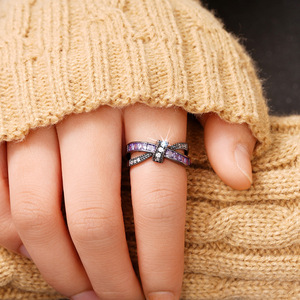 Bague en améthyste avec nœud papillon T0312 pour femme, en alliage de métal précieux, sertie de pierres précieuses rondes taille brillant, pour un usage quotidien - Product Image 5
