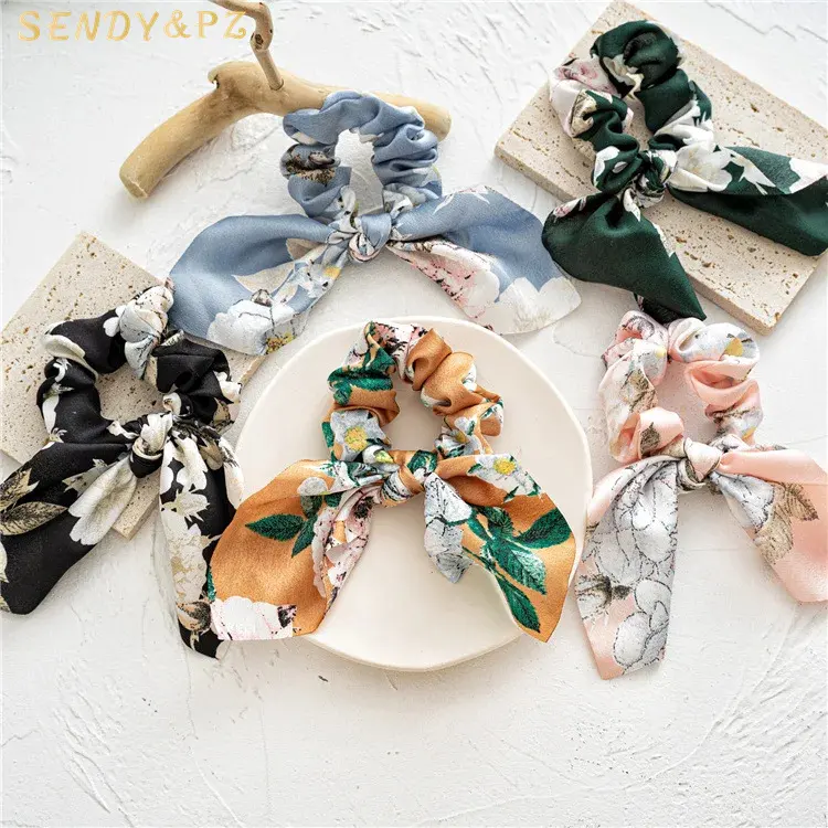 New Arrival Soft Satin Flower Rabbit Ears Hair Scrunchies Knotted Elegant Print Hair band Circle For Women Girls