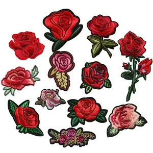 Custom Logo Roos En Schedel 3d Bloemenaccessoires Ijzer Op Patch Geborduurd Borduurwerk Bloem Roos Patches Voor Kleding