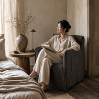 Fauteuil simple moderne Wabi Sabi pour salon, en tissu lin, avec housse amovible et lavable