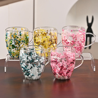 Dubbellaagse gedroogde bloemen glazen koffiemok van hoog borosilicaatglas, modern design, transparant, BPA-vrij