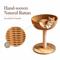 Panier pour chat en rotin tressé naturel avec griffoir en sisal et base en bois massif, mobilier d'intérieur pour animaux de compagnie