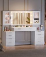 Table de toilette moderne et écologique avec éclairage intégré, 150 cm, 10 tiroirs, luminosité réglable, porte en verre, rangement