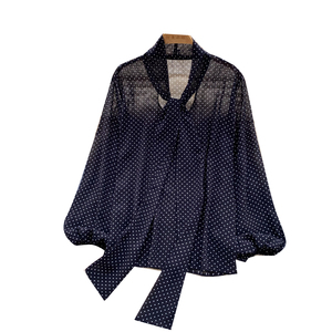 Blouses douces à manches longues et col à nœud pour femme, à <span class=keywords><strong>pois</strong></span>, collection automne, vente en gros - Product Image 5