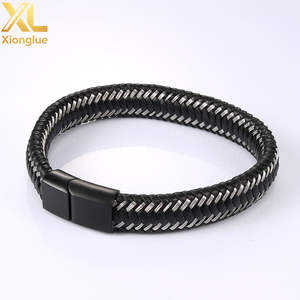 Simple High Polished Interface and Cross Wire Braided <b>Leather</b> <b>Bracelet</b> Silver Stainless Steel Gift for Mens Jewelry - Product Image 2