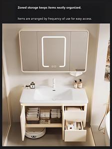 New Modern Cream <strong>Bathroom</strong> Vanity Set Luxury Stone Ceramic Integrated Basin Rubber Wood <strong>Bathroom</strong> <strong>Sink</strong> <strong>Storage</strong> for Hotel Villa Use - Product Image 6