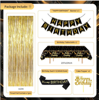 Décorations de fête d'anniversaire or et noir : arche de ballons en métal et latex, bannières, rideaux, pompons, décorations de gâteaux, écharpes, confettis, nappes