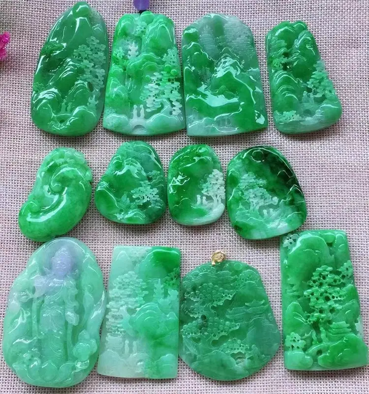 Myanmar A- Level Jade Esculpida Jadeite Paisagem Pingente Yang Verde Duplo Cor Dragão Marca Violet Guanyin Jade Esmeralda Pingente