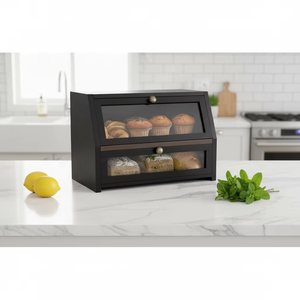 Boîte à pain en bois, support de rangement pour comptoir de cuisine, extra-large, noir, grande capacité, finition lisse, style américain, pour aliments - Product Image 5
