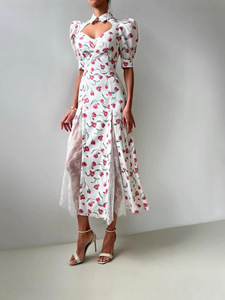 Gaun Elegan Model Puff Sleeve Motif Bunga Prancis 2026 untuk Wanita, Koleksi Musim Panas Terbaru, Desainer, Aksen Renda, Menonjolkan Pinggang - Product Image 1