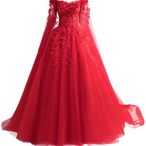 Rose Red Tulle Off-Shoulder Ball Gown Wedding Dress Empire Waist Floral Print Long Sleeve Evening Gown - Product Image 5
