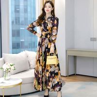 Robes longues de printemps en mousseline de soie pour femme Col de chemise imprimé floral Bouton à manches longues Nouvelle mode élégante robe décontractée pour femme