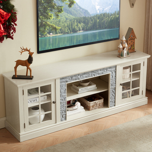 Mueble de TV Moderno de 70 Pulgadas con 2 Puertas de Almacenamiento, Consola Multimedia de Imitación Piedra, Centro de Entretenimiento Grande Blanco para Sala de Estar - Product Image 2
