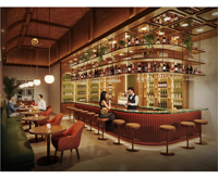Concept d'intérieur de bar à whisky 3D, design de comptoir de bar commercial moderne, comptoir de bar à cocktails personnalisé pour restaurant, café