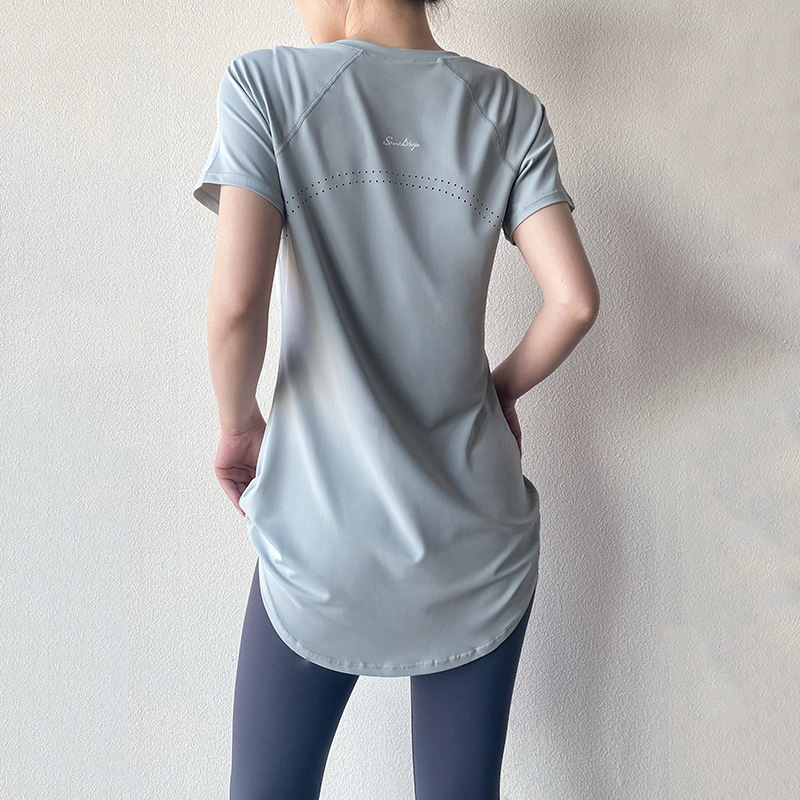 Yoga Wear for Short-Sleeve Summer Mid-Length Hip-Covering Slimming Quick-Dry Breathable Fitness Workout T-Shirt Womens T-Shirt