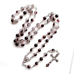 Rosarios de Cuentas de Vidrio de 8mm de Varios Colores al por Mayor, Regalos Religiosos Católicos, Collar con Colgante de Cruz - Product Image 1
